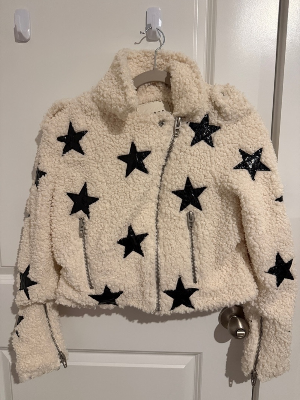 Blank NYC Cream Sherpa Jacket with Black Star Appliqués